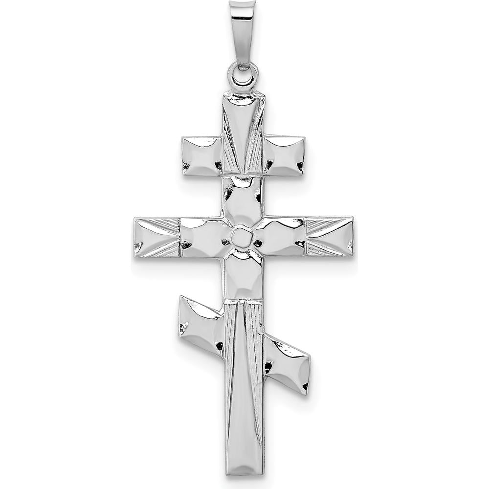 14K White Gold Eastern Orthodox Cross Pendant with Polished Finish and Textured Detailing by Oro Pregiato