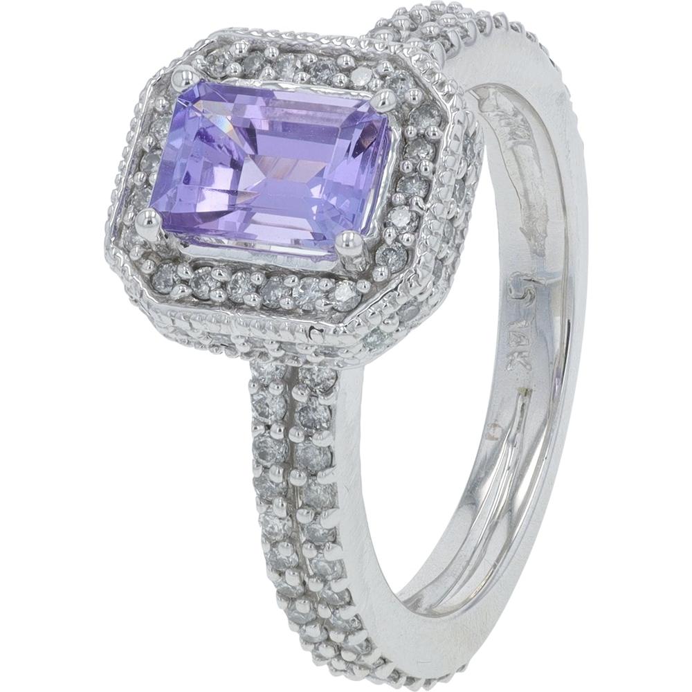 14K White Gold EFFY Emerald - Cut Tanzanite Halo Ring with Pavé Round Diamonds - 1.14 Carat Tanzanite and 0.71 Carat Total Diamond Weight