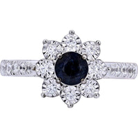 14K White Gold EFFY Flower Ring with Round Blue Sapphire and Prong - Set Diamond Halo - 0.57 Carat Sapphire, 0.43 Carat Total Diamond Weight