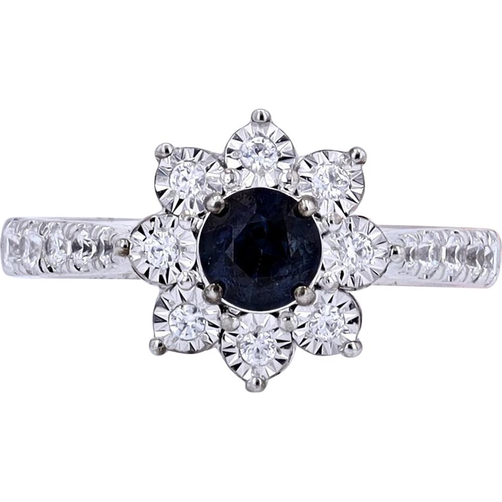 14K White Gold EFFY Flower Ring with Round Blue Sapphire and Prong - Set Diamond Halo - 0.57 Carat Sapphire, 0.43 Carat Total Diamond Weight