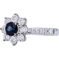 14K White Gold EFFY Flower Ring with Round Blue Sapphire and Prong - Set Diamond Halo - 0.57 Carat Sapphire, 0.43 Carat Total Diamond Weight