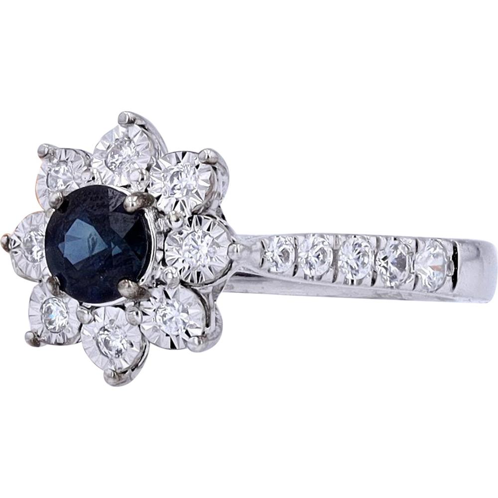14K White Gold EFFY Flower Ring with Round Blue Sapphire and Prong - Set Diamond Halo - 0.57 Carat Sapphire, 0.43 Carat Total Diamond Weight