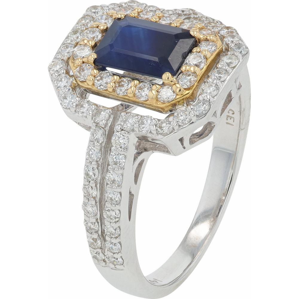 14K White Gold EFFY Halo Ring with Emerald - Cut Sapphire - 1.05 Carat Total Color Weight and Round Diamond Double Halo - 0.80 Carat Total Diamond Weight