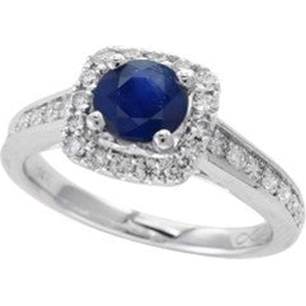 14K White Gold EFFY Halo Ring with Prong - Set Round Blue Sapphire and Pavé Diamonds - 1.00 Carat Sapphire Total Color Weight, 0.49 Carat Total Diamond Weight