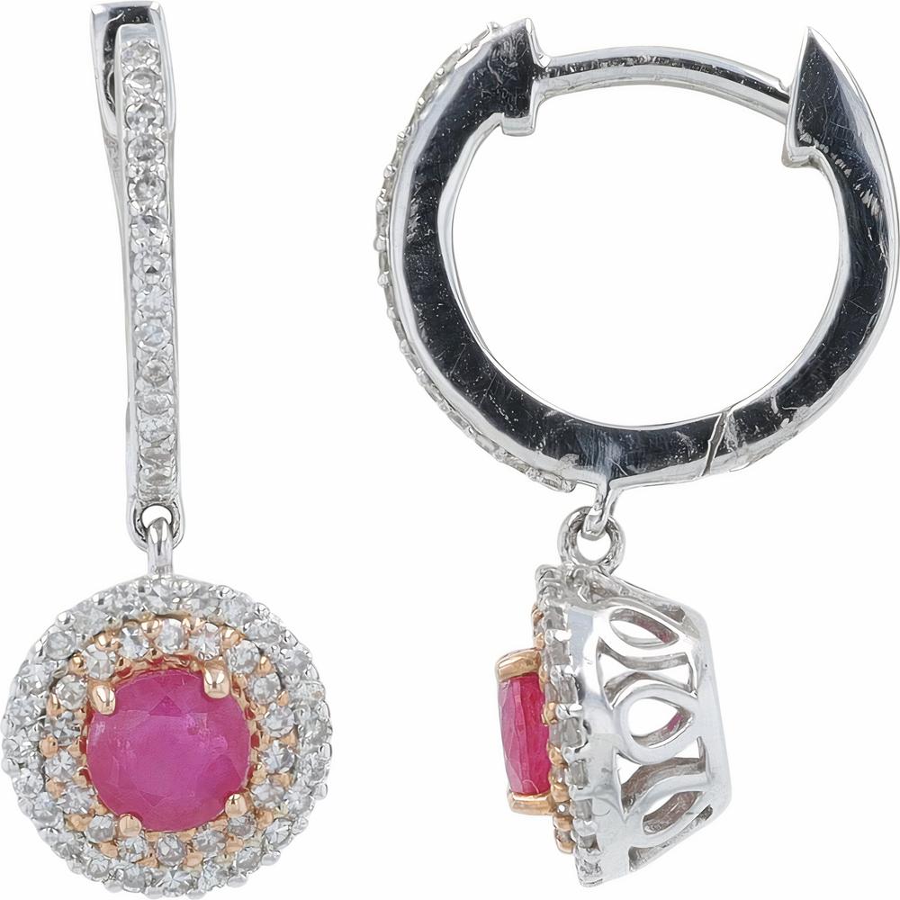 14K White Gold EFFY Huggie Drop Earrings with Round Ruby Halo and Diamonds - 0.65 Carat Total Ruby Weight, 0.28 Carat Total Diamond Weight