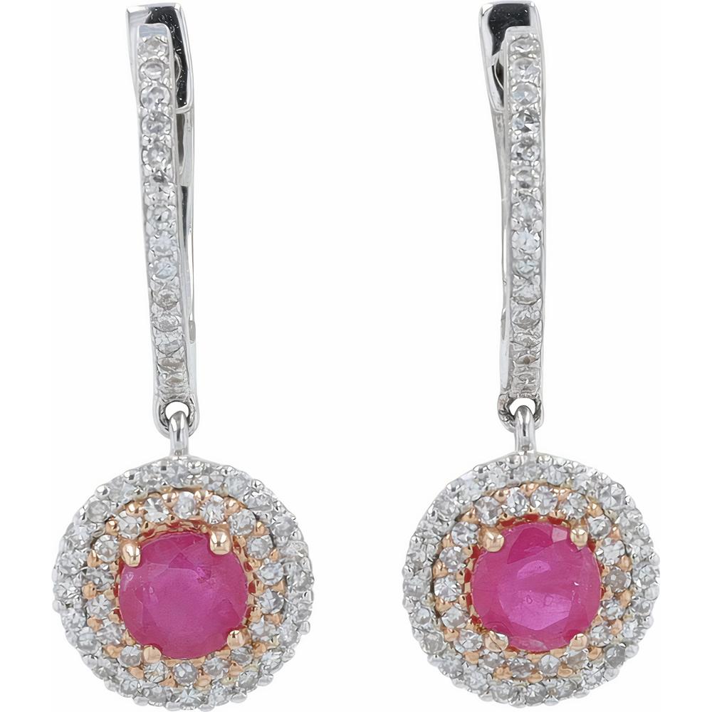 14K White Gold EFFY Huggie Drop Earrings with Round Ruby Halo and Diamonds - 0.65 Carat Total Ruby Weight, 0.28 Carat Total Diamond Weight