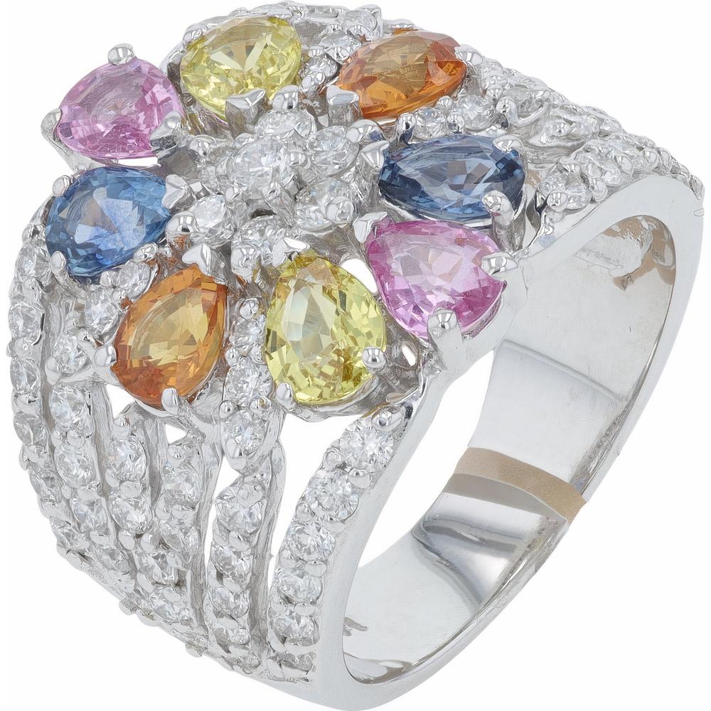 14K White Gold EFFY Multicolor Sapphire Cluster Ring with Diamond Accents - 3.61 Carat Total Sapphire Weight, 1.54 Carat Total Diamond Weight