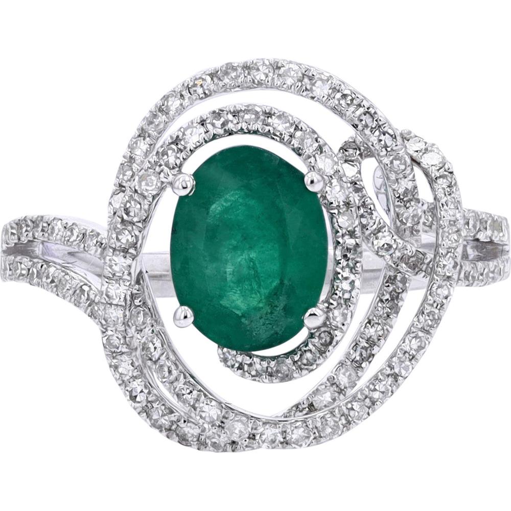 14K White Gold EFFY Oval Emerald and Diamond Halo Ring - 1.14 Carat Emerald, 0.47 Carat Diamond Total Weight