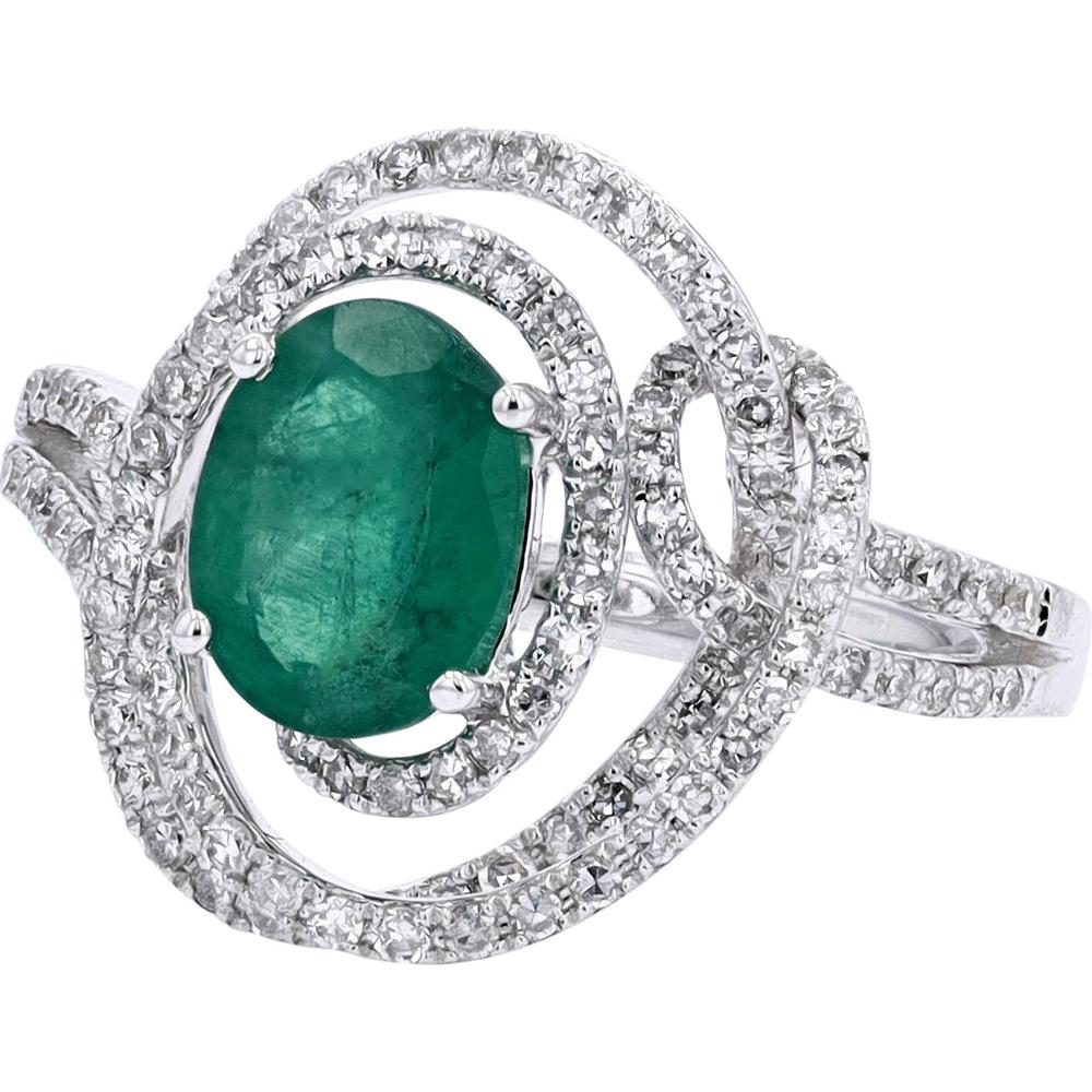 14K White Gold EFFY Oval Emerald and Diamond Halo Ring - 1.14 Carat Emerald, 0.47 Carat Diamond Total Weight