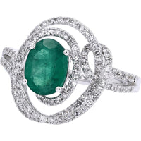 14K White Gold EFFY Swirl Halo Ring with Oval Emerald Center and Diamond Accents - 1.14 Carat Total Emerald Weight, 0.47 Carat Total Diamond Weight