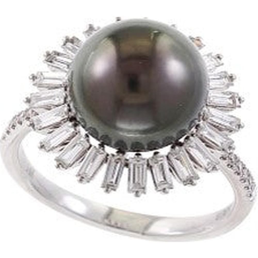 14K White Gold EFFY Tahitian Pearl Flower Ring with Baguette Diamond Halo - 0.98 Carat Total Diamond Weight