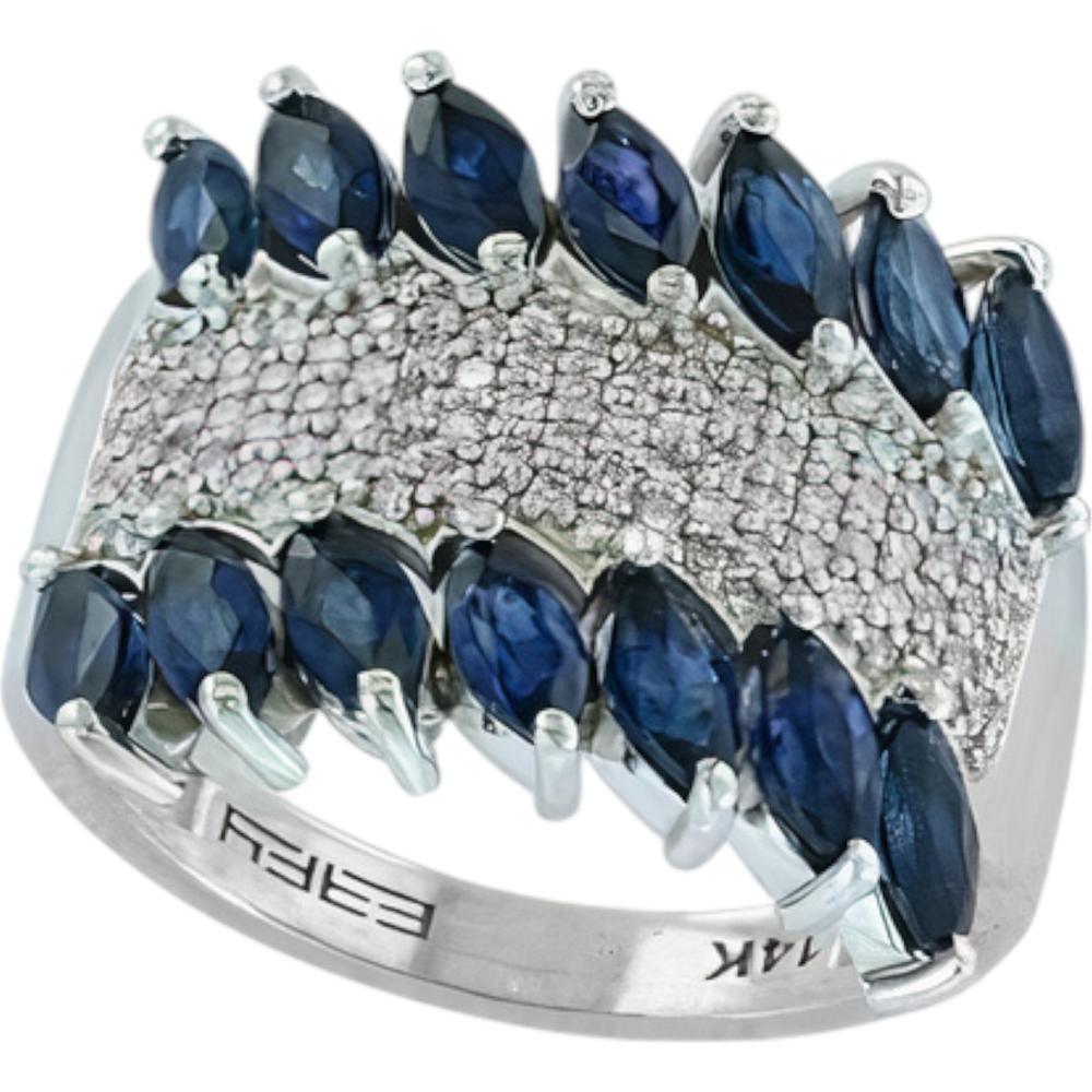 14K White Gold EFFY Wide Band Ring with Prong - Set Marquise Blue Sapphires and Pavé Diamonds - 2.26 Carat Total Sapphire Weight, 0.34 Carat Total Diamond Weight