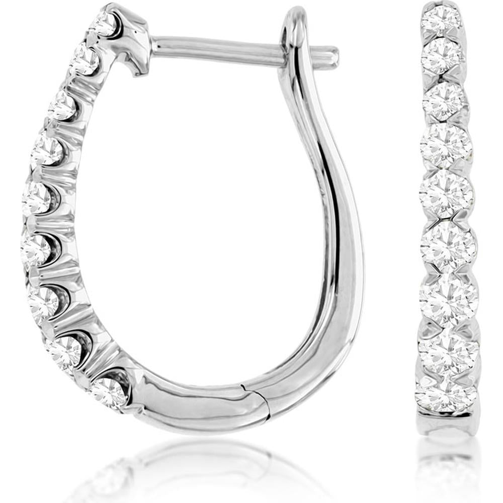 14K White Gold Elegant Diamond Huggie Hoops with Shared Prong Set Round Diamonds - 0.50 Carat Total Diamond Weight - Royal Jewelry