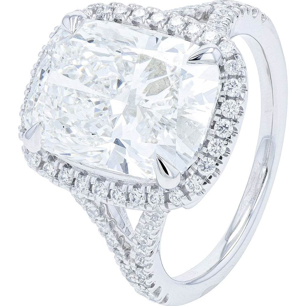 14K White Gold Elongated Cushion Halo Engagement Ring with Split Shank Lab Grown Diamonds - 7.50 Carat Total Diamond Weight