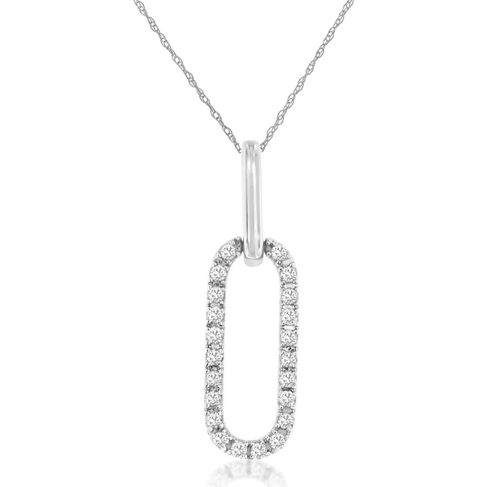 14K White Gold Elongated Geometric Pendant with Round Diamonds - 0.15 Carat Total Diamond Weight - Royal Jewelry