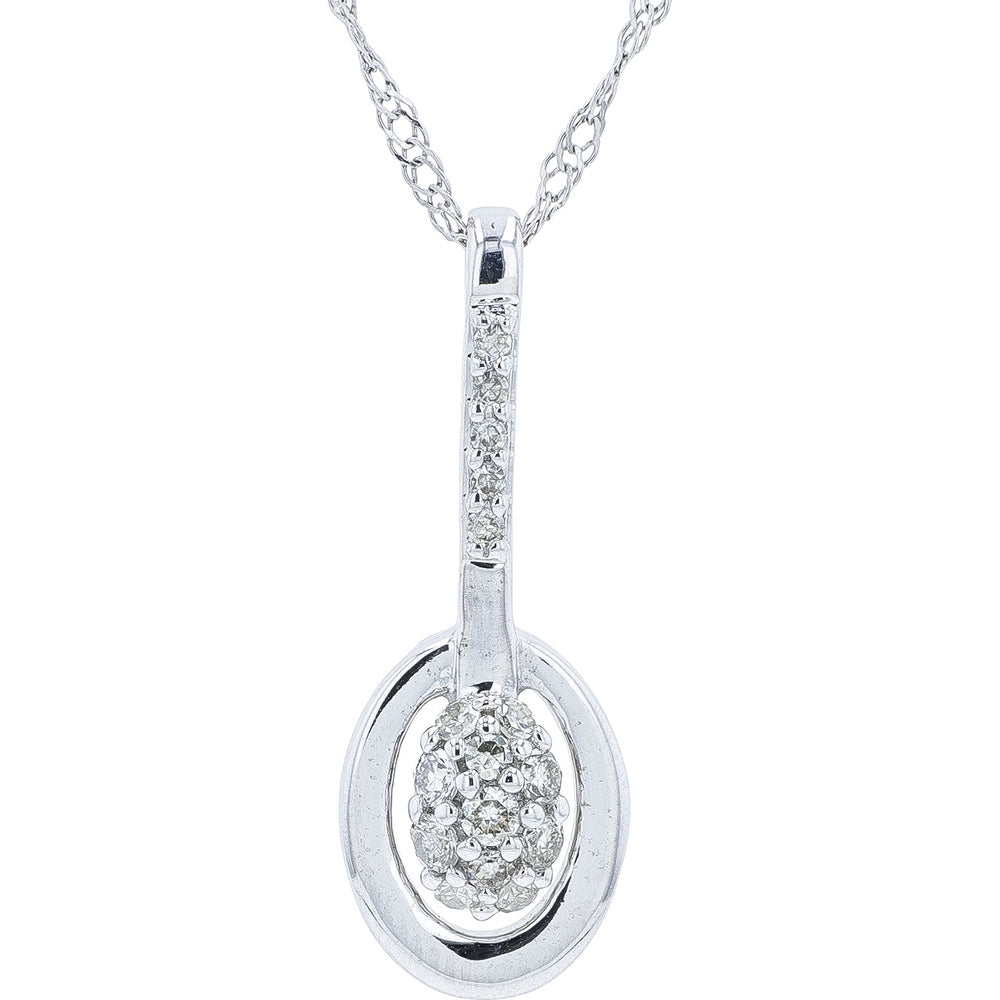 14K White Gold Elongated Oval Drop Pendant with Cluster Set Round Diamonds - 0.50 Carat Total Diamond Weight