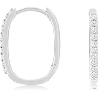 14K White Gold Elongated Small Hoop Earrings with Prong-Set Round Diamonds - 0.18 Carat Total Diamond Weight - Royal Jewelry