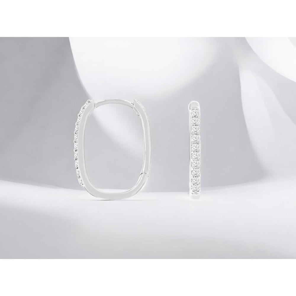 14K White Gold Elongated Small Hoop Earrings with Prong-Set Round Diamonds - 0.18 Carat Total Diamond Weight - Royal Jewelry