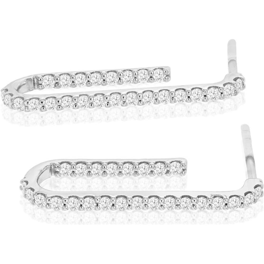 14K White Gold Elongated U-Shape Diamond Earrings with Shared Prong Set Round Diamonds - 0.50 Carat Total Weight - Royal Jewelry