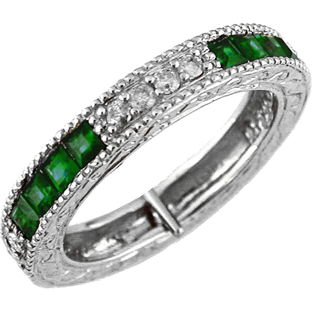 14K White Gold Emerald & Diamond Band with Princess Cut Emeralds and Round Diamonds - 0.65 Carats Total Gem Weight