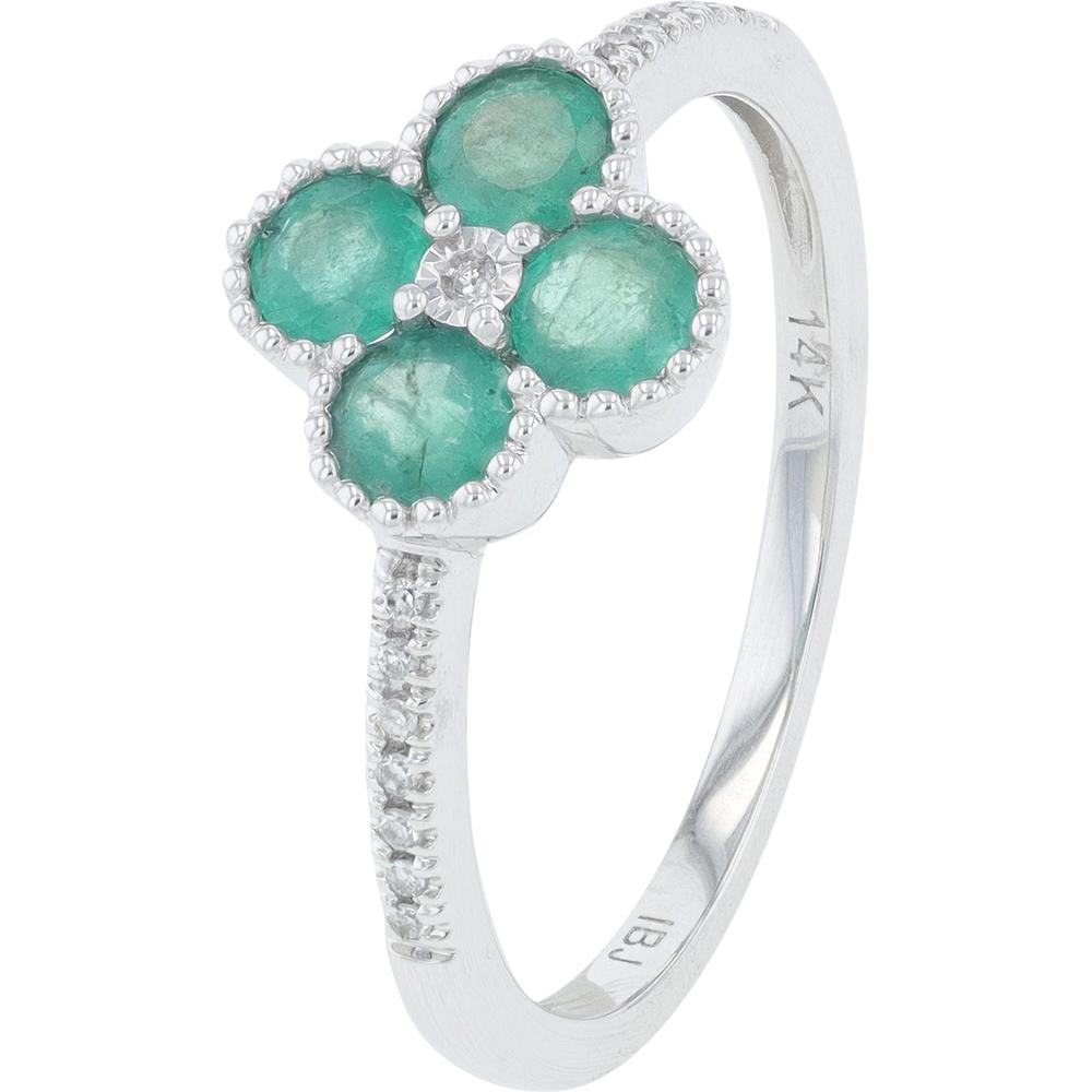 14K White Gold Emerald and Diamond Clover Ring with Milgrain Detail - 0.50 Carat Total Gemstone Weight, 0.04 Carat Total Diamond Weight
