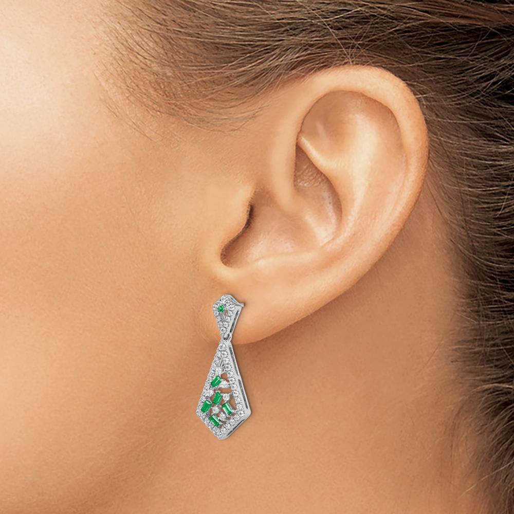 14K White Gold Emerald and Diamond Drop Earrings - 0.05 Carat Total Diamond Weight, 0.048 Carat Total Emerald Weight by Monteluci Fine Jewelry