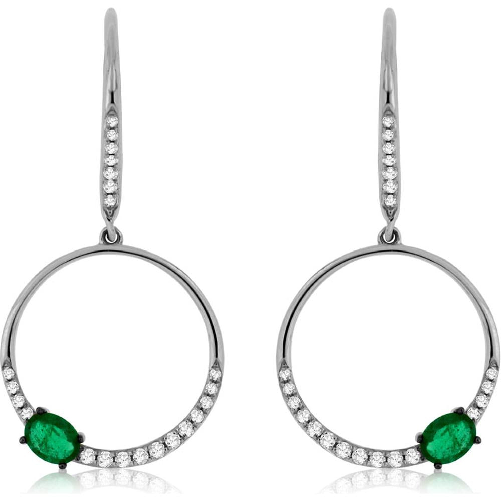 14K White Gold Emerald & Diamond Drop Earrings - 0.35 Carats Emerald and 0.18 Carats Total Diamond Weight