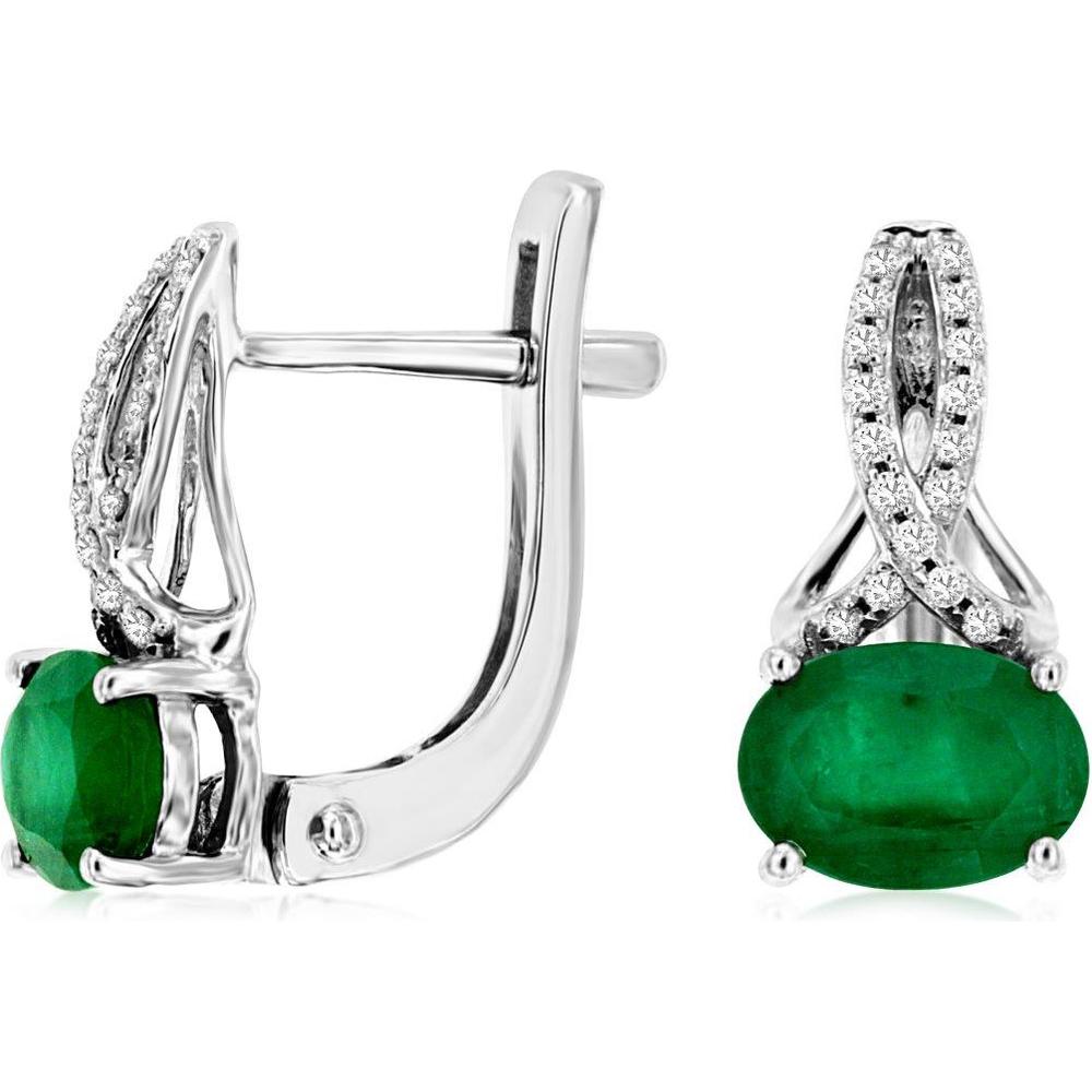 14K White Gold Emerald & Diamond Drop Earrings - 1.80 Carats Total Emerald Weight, 0.10 Carats Total Diamond Weight