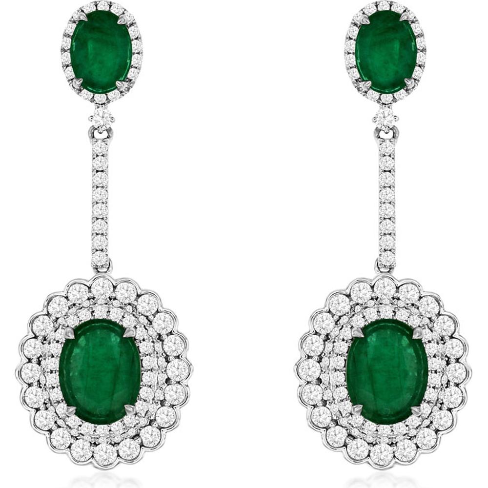 14K White Gold Emerald & Diamond Drop Earrings with Oval Emeralds - 6.60 Carats Total Gem Weight