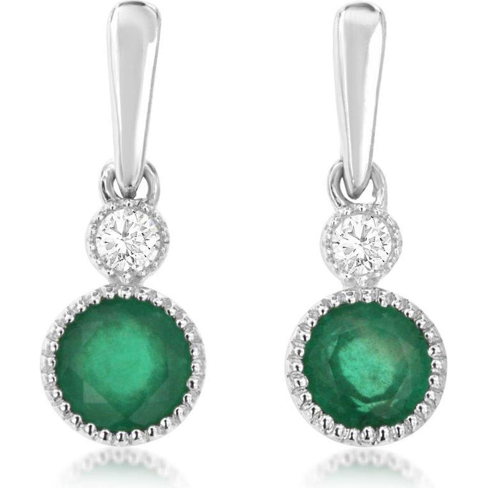 14K White Gold Emerald and Diamond Drop Earrings with Round Cut Emeralds and Milgrain Detailing - 0.62 Total Carat Emerald Weight, 0.06 Total Carat Diamond Weight - Royal Jewelry