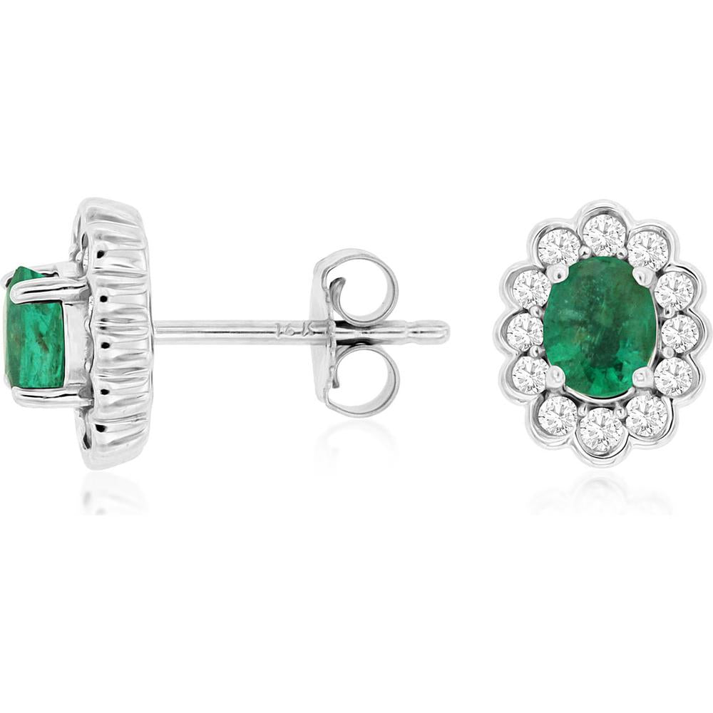 14K White Gold Emerald & Diamond Halo Earrings - 0.70 Carats Total Diamond Weight, 0.70 Carats Total Emerald Weight