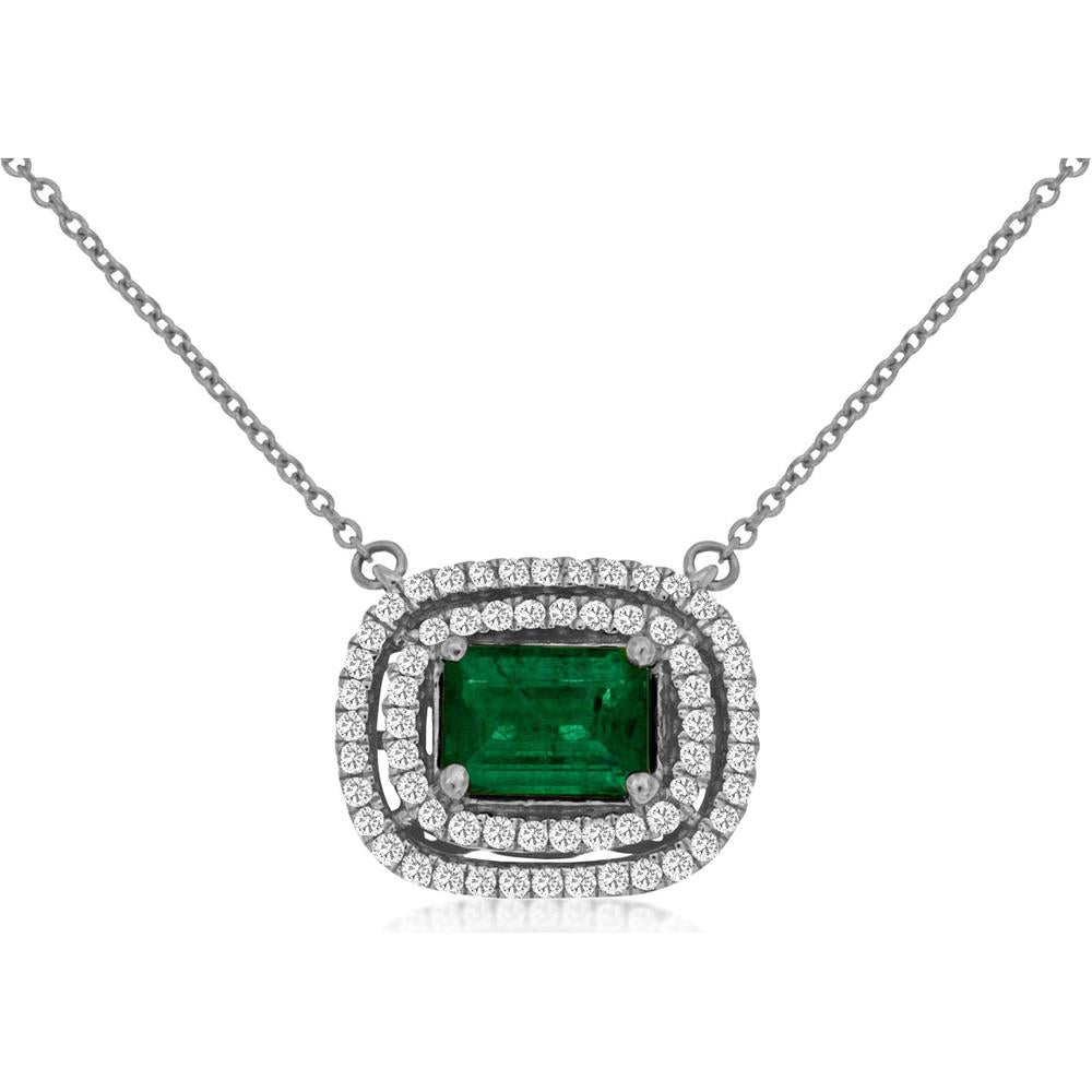14K White Gold Emerald and Diamond Halo Necklace with 1.00 Carat Emerald and 0.33 Carat Total Diamond Weight - Royal Jewelry