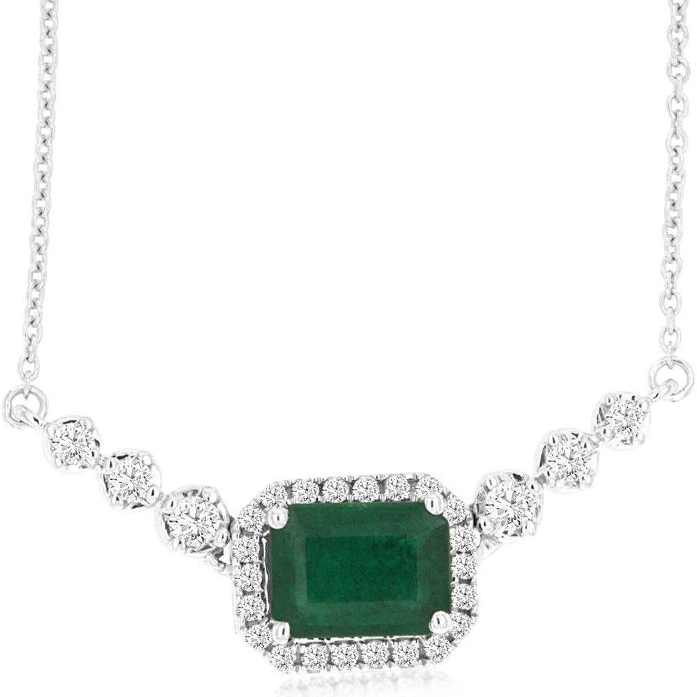 14K White Gold Emerald and Diamond Halo Necklace with Station Diamonds - 1.00 Carat Emerald and 0.25 Carat Total Diamond Weight - Royal Jewelry