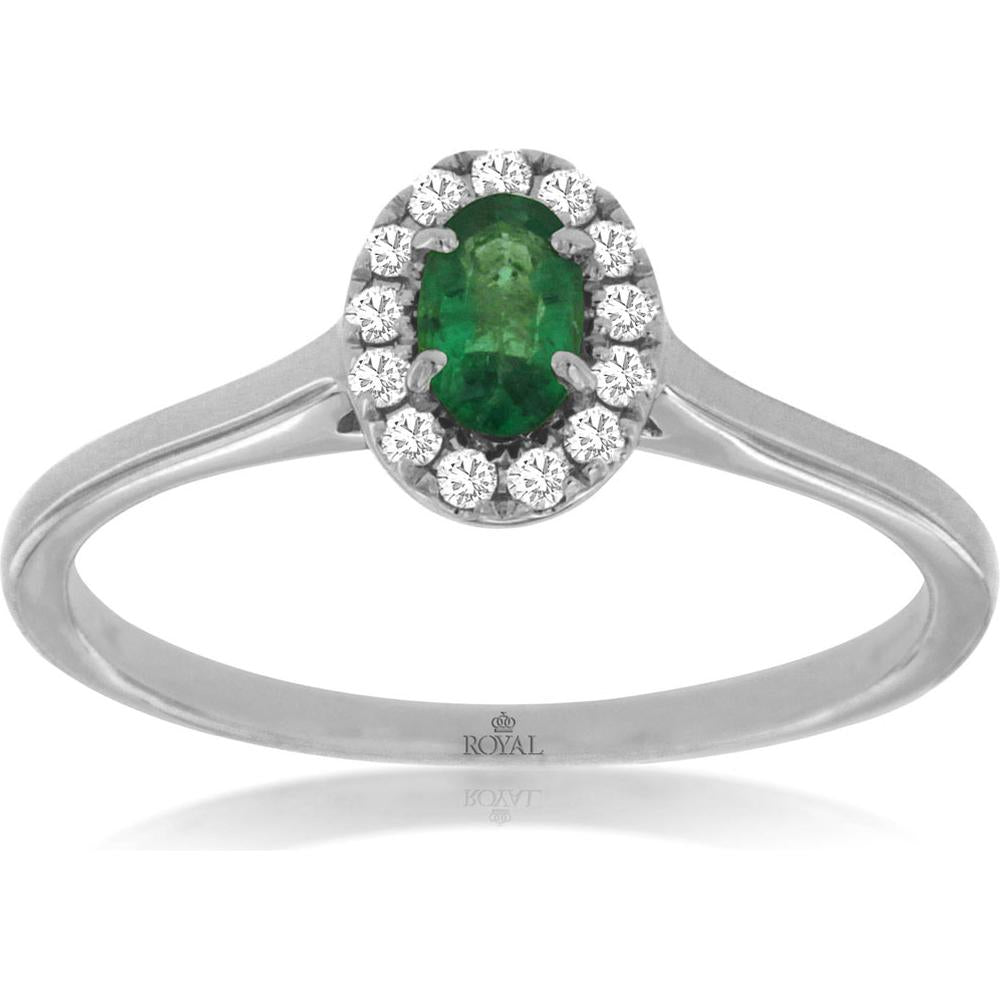 14K White Gold Emerald & Diamond Halo Ring - 0.22 Carats Emerald, 0.10 Carats Diamond Total Weight
