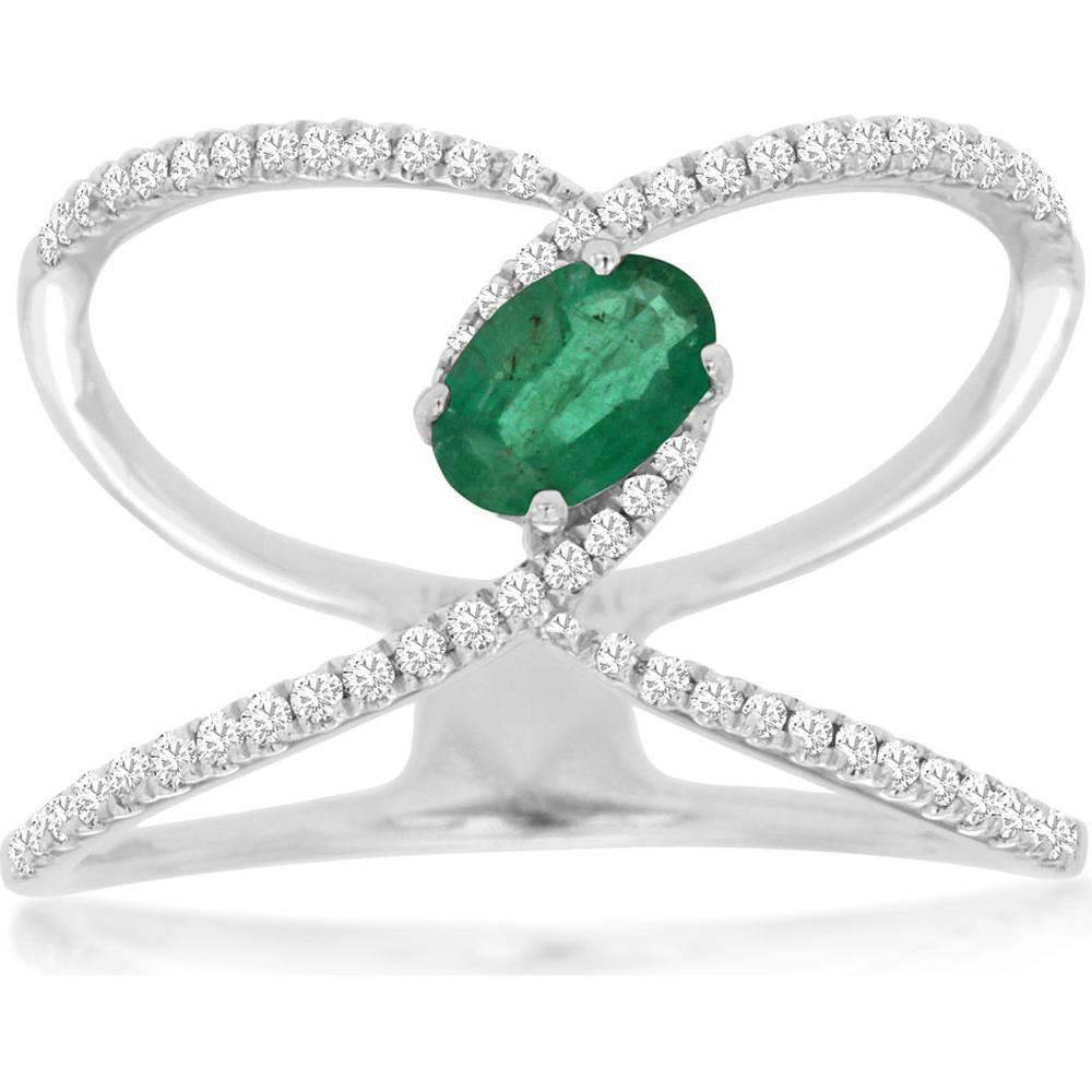 14K White Gold Emerald & Diamond Halo Ring - 0.45 Carats Emerald, 0.23 Carats Total Diamond Weight