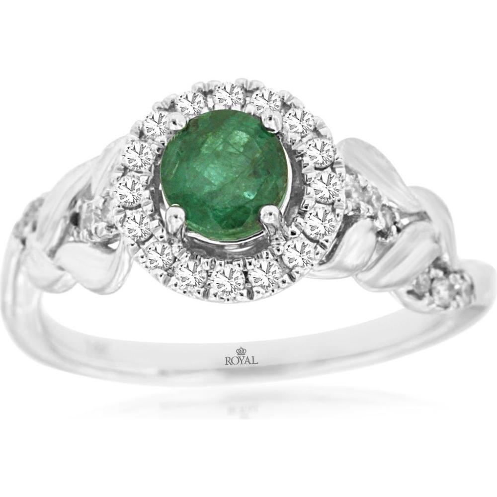 14K White Gold Emerald and Diamond Halo Ring - 0.45 Carats Emerald, 0.25 Carats Total Diamond Weight