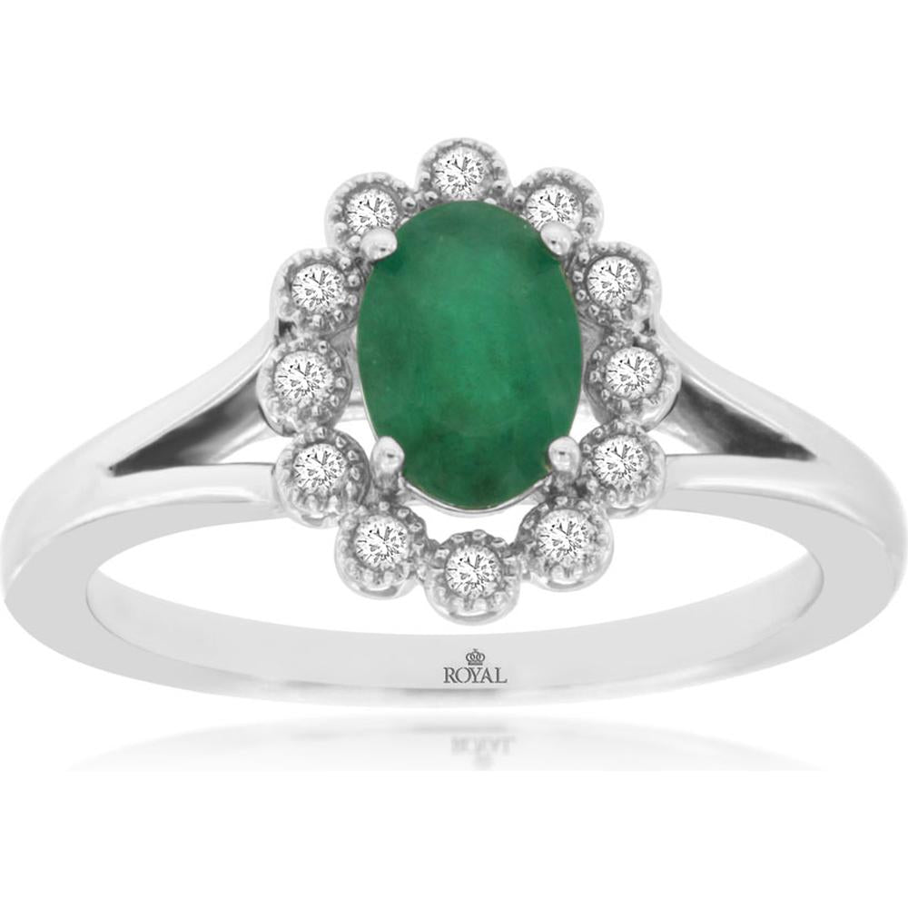 14K White Gold Emerald & Diamond Halo Ring - 0.75 Carats Emerald, 0.12 Carats Total Diamond Weight