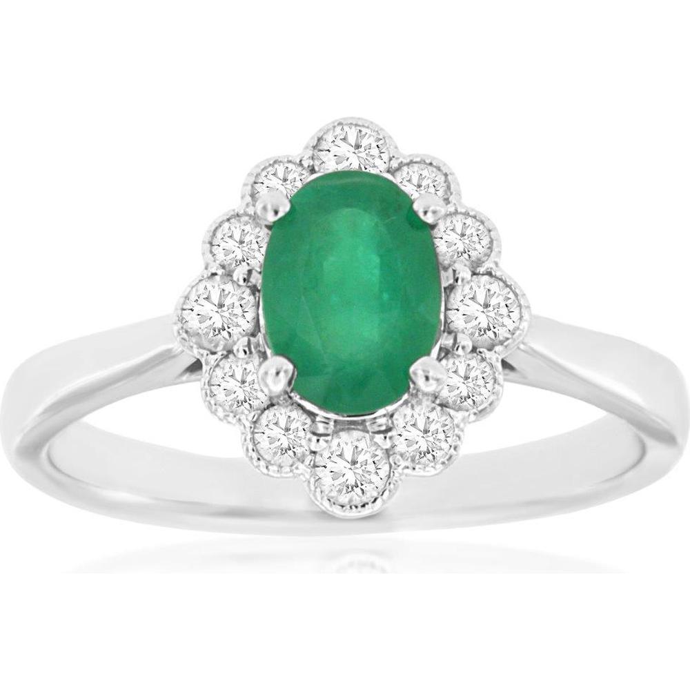 14K White Gold Emerald & Diamond Halo Ring - 1.05 Carats Total Gem Weight