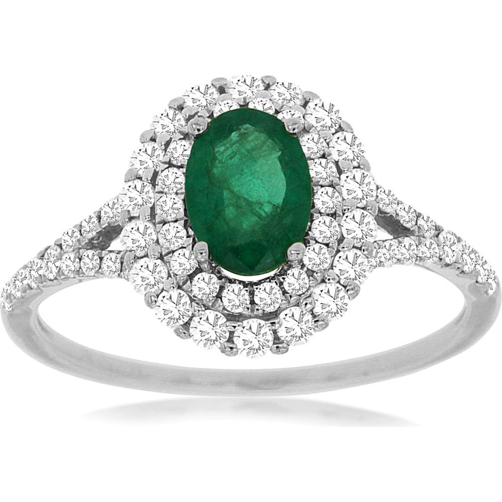 14K White Gold Emerald and Diamond Halo Ring - 1.20 Carats Total Gem Weight