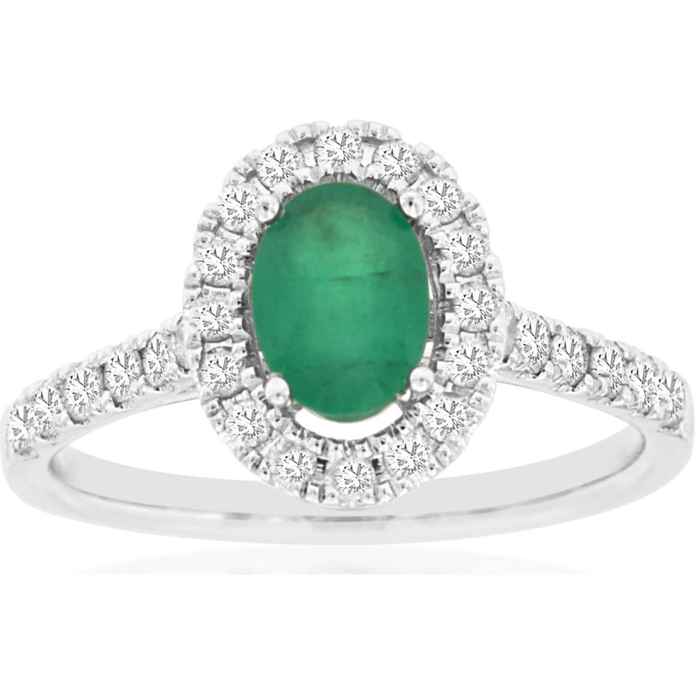 14K White Gold Emerald & Diamond Halo Ring - 1.22 Carats Total Carat Weight