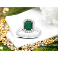 14K White Gold Emerald & Diamond Halo Ring - 1.40 Carats Total Emerald & Diamond Weight