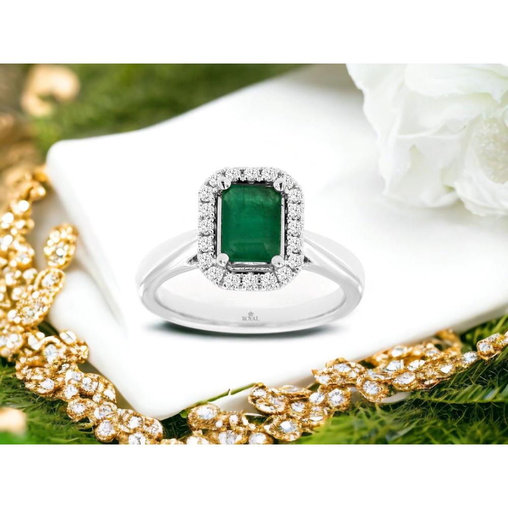 14K White Gold Emerald & Diamond Halo Ring - 1.40 Carats Total Emerald & Diamond Weight
