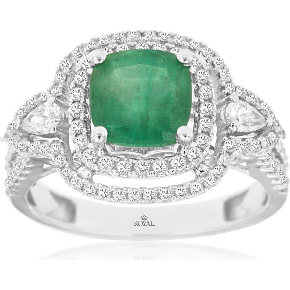 14K White Gold Emerald & Diamond Halo Ring with 1.45 Carats Emerald and 0.77 Carats Total Diamond Weight