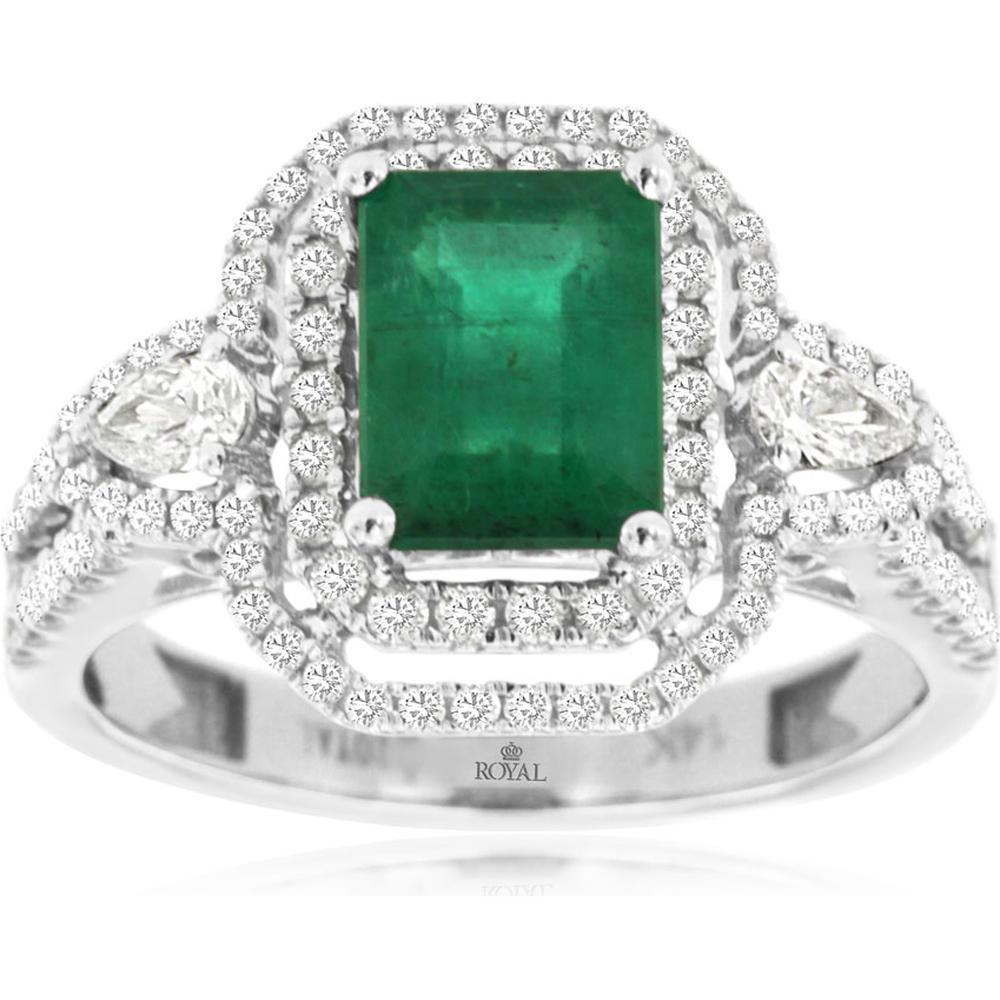 14K White Gold Emerald & Diamond Halo Ring with Pear-Shaped Diamonds - 1.60 Carats Emerald, 0.72 Carats Diamond Total Weight