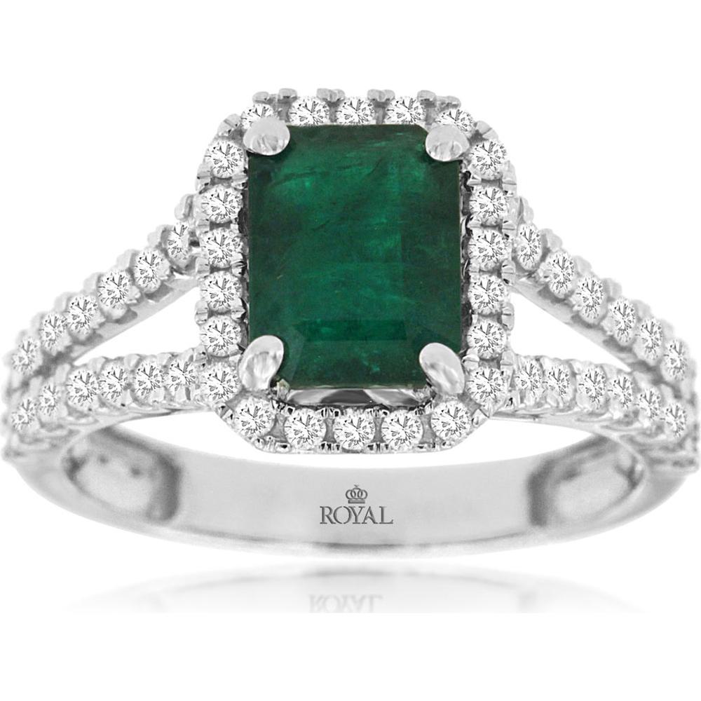 14K White Gold Emerald and Diamond Halo Ring with Split Shank Micropavé Band - 1.60 Carat Emerald, 0.71 Carat Diamond Total Weight - Royal Jewelry