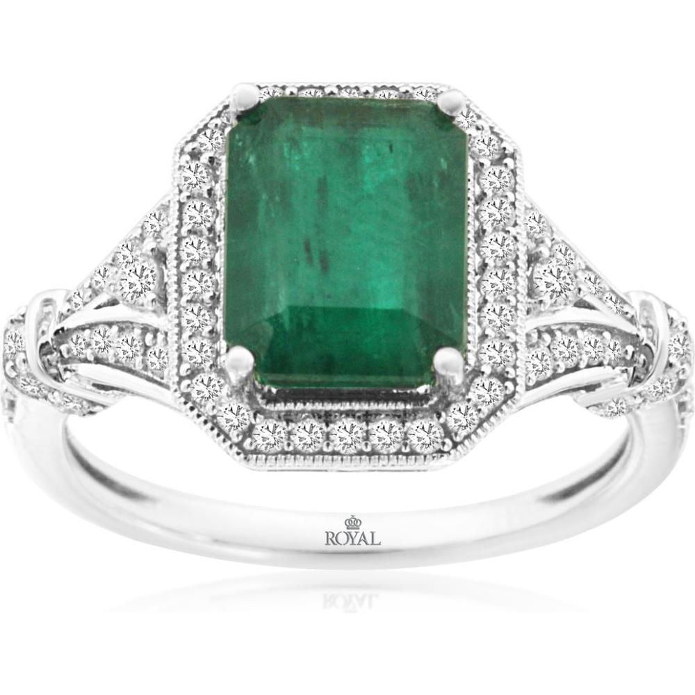14K White Gold Emerald & Diamond Halo Ring with Vintage Milgrain Detail – 2.15 Carat Emerald and 0.40 Carat Total Diamond Weight - Royal Jewelry