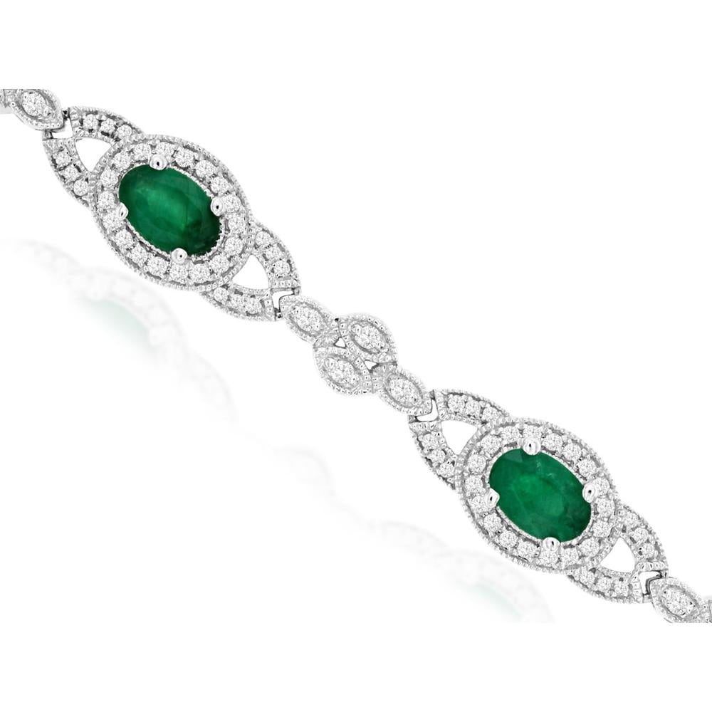 14K White Gold Emerald and Diamond Halo Station Bracelet - 3.10 Carat Emerald Total Weight, 1.08 Carat Diamond Total Weight - Royal Jewelry