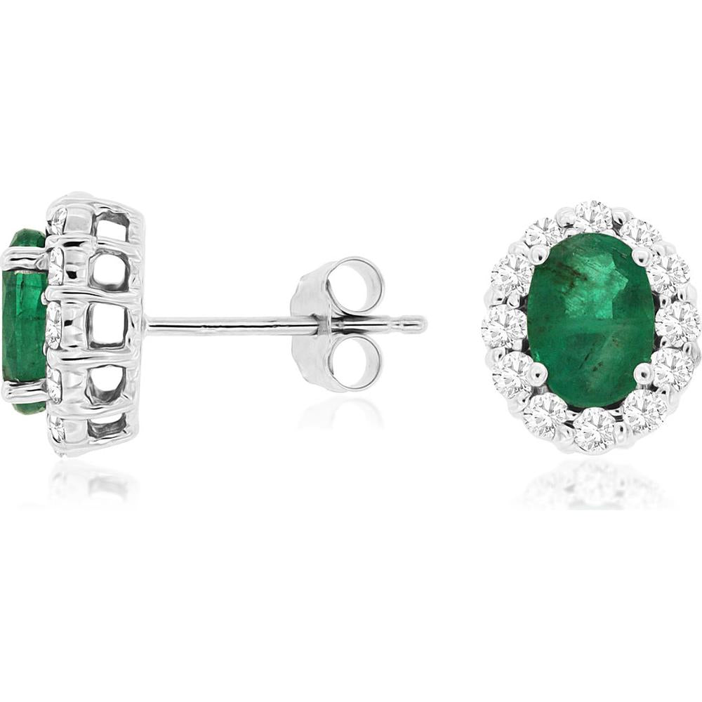 14K White Gold Emerald & Diamond Halo Stud Earrings - 1.00 Carats Total Emerald Weight, 0.30 Carats Total Diamond Weight