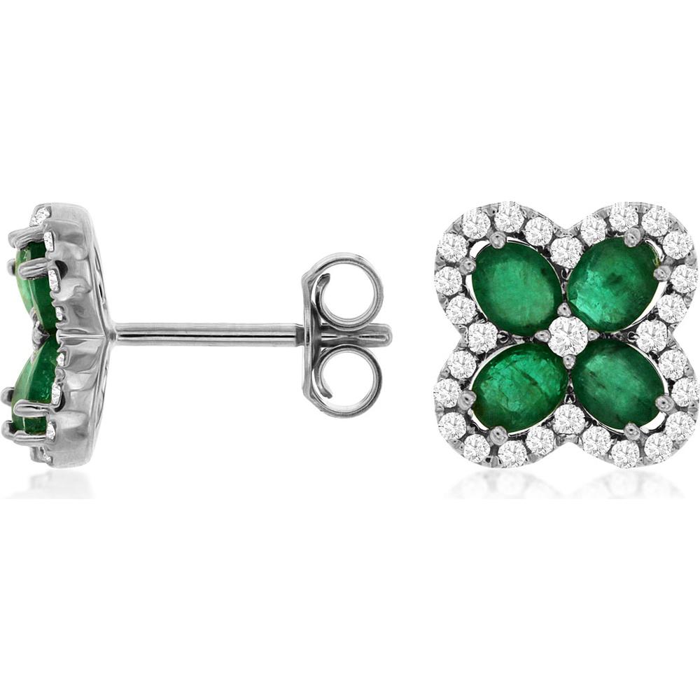 14K White Gold Emerald & Diamond Halo Stud Earrings - 1.30 Carats Total Emerald Weight