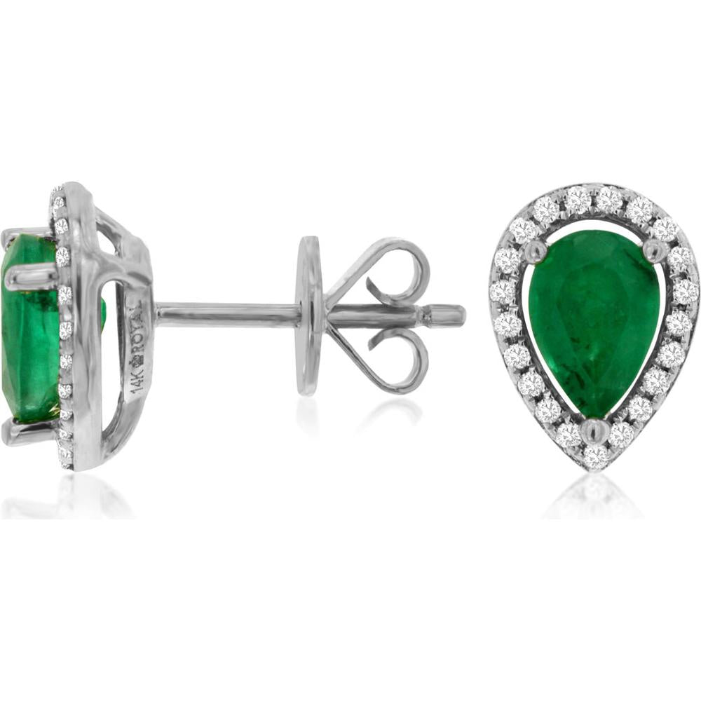 14K White Gold Emerald & Diamond Halo Studs - 1.50 Carats Total Emerald Weight